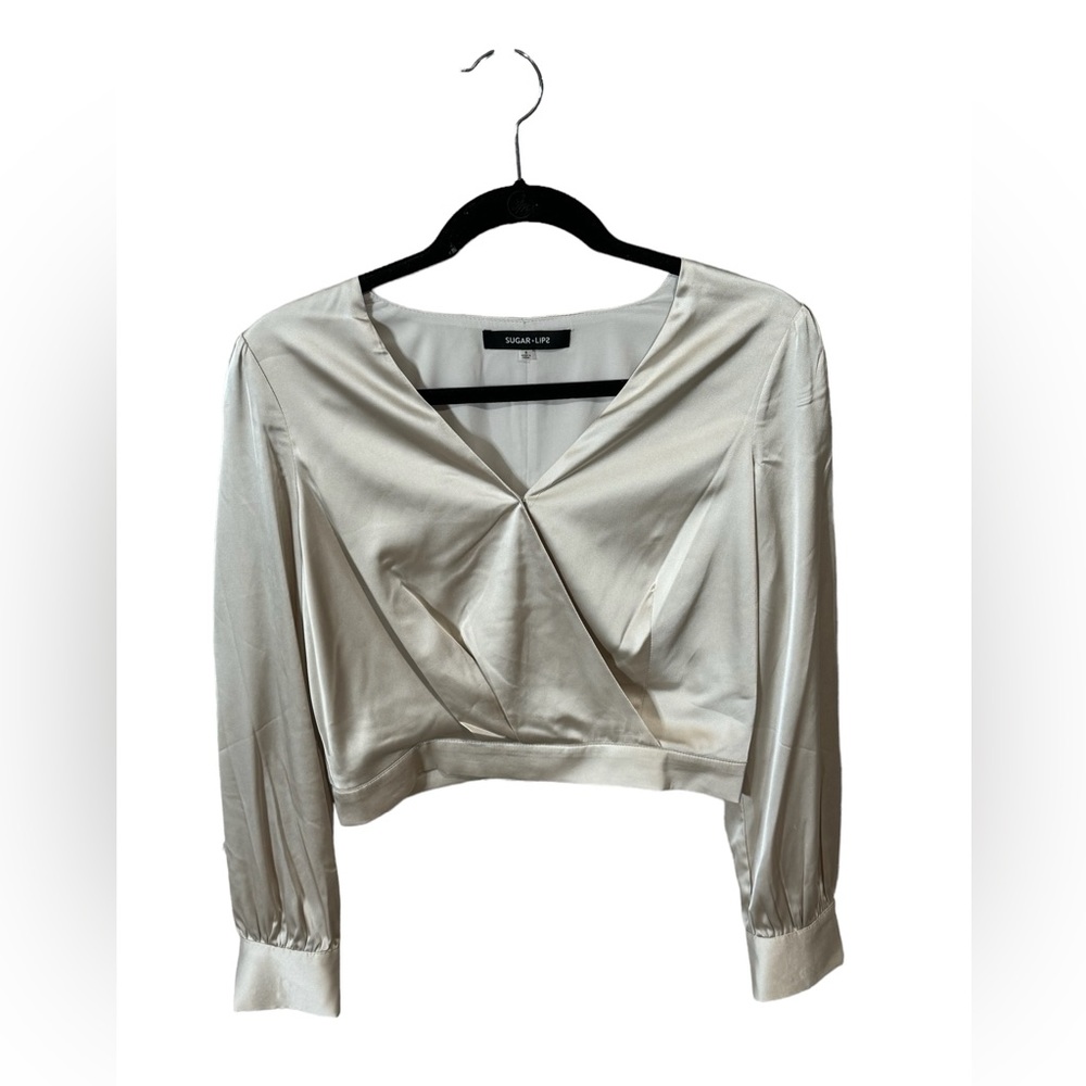 Long Sleeve Surplice Crop Top, Blouse, Size Small, Champagne, V-neck, Satin - Picture 4 of 9